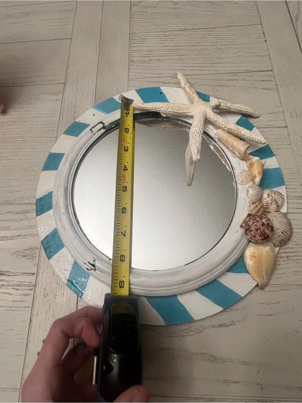 Handcrafted Coastal Striped Round Wall Mirror with Shell Accents- 12” Blue/White